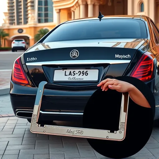 Close-up of a custom license plate frame being installed on a luxurious Maybach car in Dubai, with modern architecture in the background.