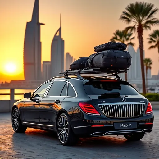 A luxurious Maybach car with a roof rack installed, set against the stunning Dubai skyline at sunset, highlighting the city's modern architecture.