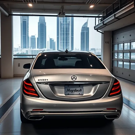 A customized Maybach with a stylish spoiler, set against the stunning Dubai skyline, capturing the essence of luxury automotive craftsmanship.