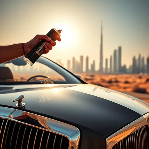 A luxury Maybach car having windshield sealant applied in Dubai, with the city skyline and desert landscape visible behind it.
