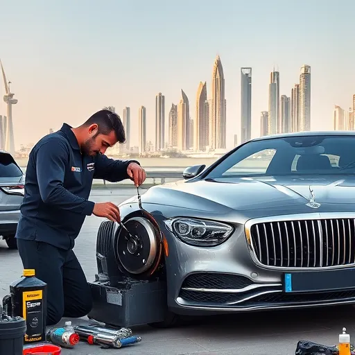 A mechanic servicing a Maybach brake system in Dubai, with vibrant city skyline and tools in the foreground.