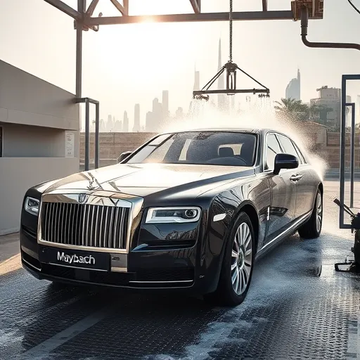 Luxurious Maybach car being washed and steam cleaned at a premium Dubai car wash facility with the city's iconic skyline visible.