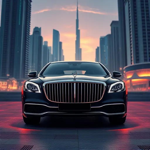 A luxury Maybach car in Dubai with its logo and emblem being replaced, set against a backdrop of futuristic skyscrapers and neon lights.