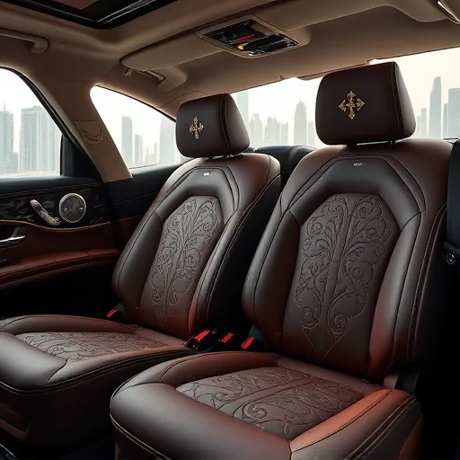 Interior of a Maybach car with custom seat embroidery and high-quality upholstery, highlighting luxury and craftsmanship, with the Dubai skyline visible in the background.
