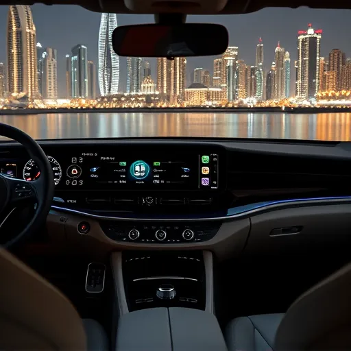 A high-end Maybach car interior featuring an advanced digital dashboard, located in Dubai's skyline at night.
