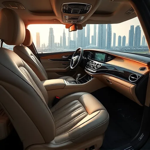 Close-up of a pristine Maybach interior showcasing detailed craftsmanship and deep cleaning services, with a hint of Dubai's iconic skyline in the background.