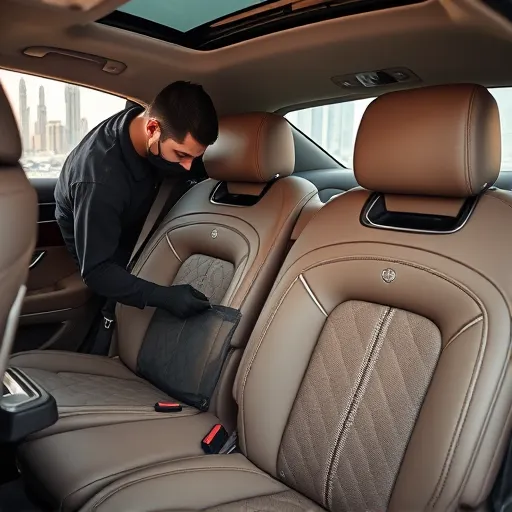 Close-up of a Maybach car interior with a craftsman performing a seat cover replacement and upholstery service in Dubai.