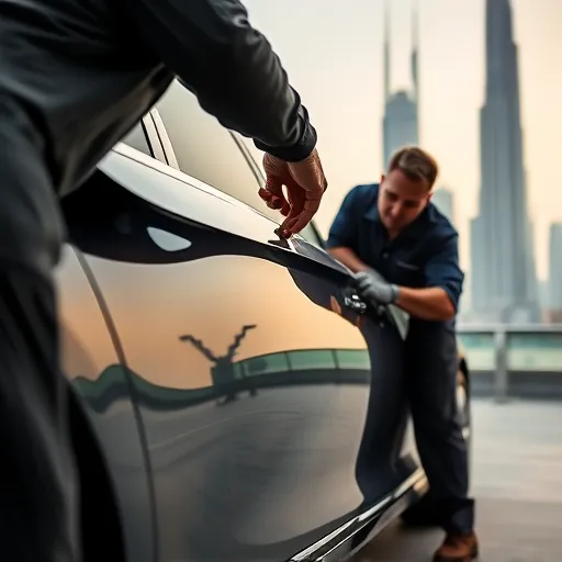 A luxurious Maybach undergoing scratch repair and paint touch-up service with experts, set against the vibrant backdrop of Dubai's cityscape.