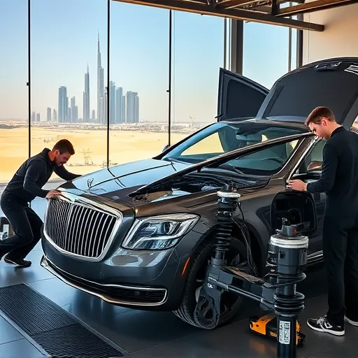 A detailed image of a Maybach undergoing suspension repair and shock absorber service in a high-end automotive workshop in Dubai, with the city's skyline visible.