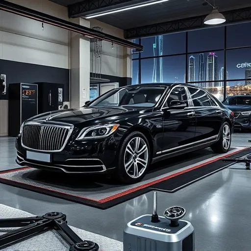 A luxurious Maybach undergoing wheel alignment and balancing in a sophisticated workshop in Dubai with the city skyline visible in the background.