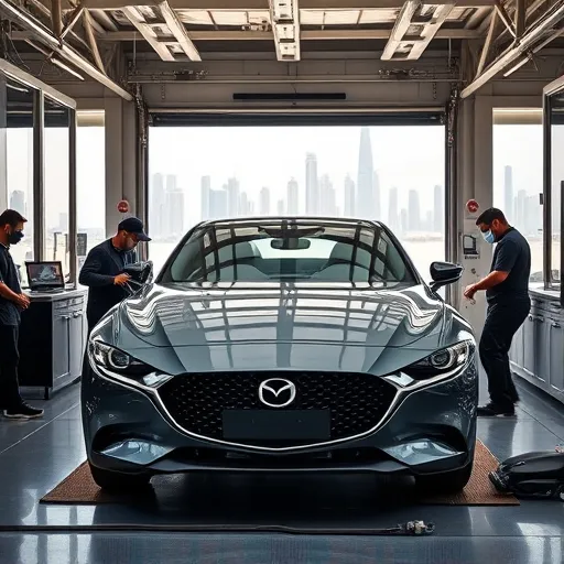 A Mazda car undergoing repair at a collision center in Dubai, with technicians actively working on it and the Dubai skyline in the background.