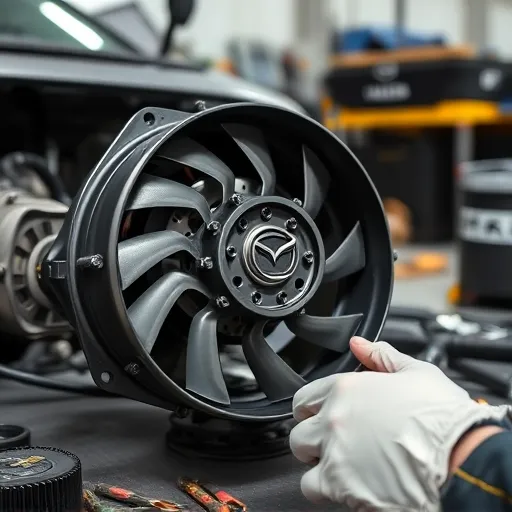 A technician repairing a Mazda radiator fan motor in a workshop in Dubai, with tools and components visible around.