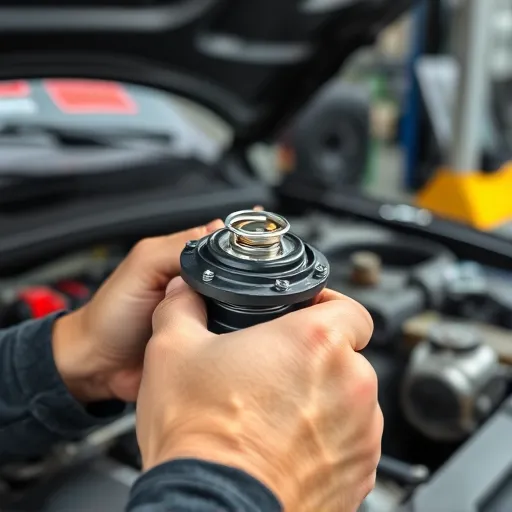 A mechanic repairing the thermostat housing of a Mazda vehicle in a Dubai workshop, showcasing tools and automotive equipment.