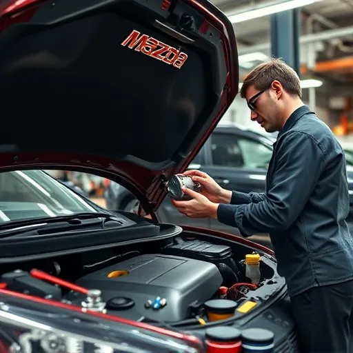 A technician replacing a water pump in a Mazda car, showcasing tools and a water leak in a bright automotive workshop.