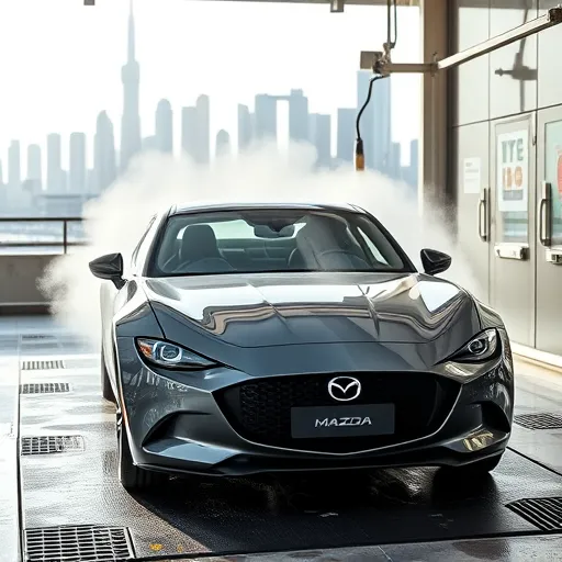 A shiny Mazda being steam cleaned at a modern car wash in Dubai, with the city's skyline visible in the background.