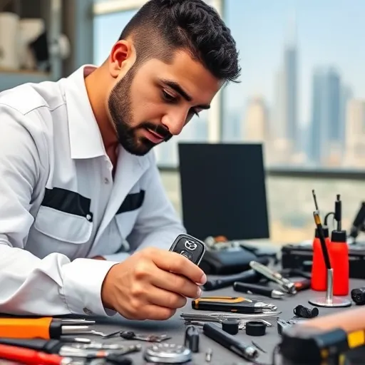 A locksmith in Dubai demonstrating the process of Mazda car key replacement and programming, with various tools and the city skyline visible.