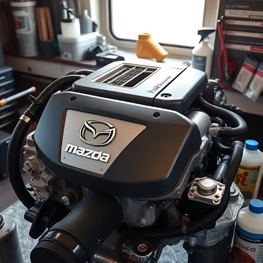 A Mazda engine undergoing oil sludge cleaning in a Dubai workshop, showcasing gleaming engine parts and cleaning tools.