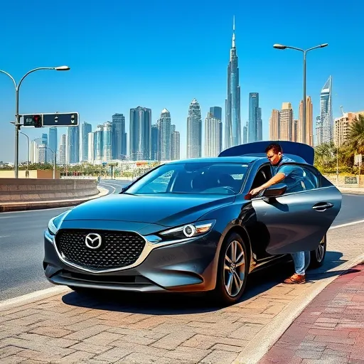A Mazda car receiving breakdown assistance from a mechanic on a busy Dubai street, with the skyline of Dubai visible in the background.