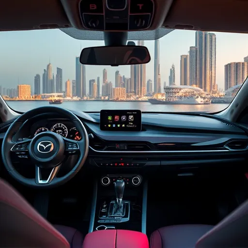 A Mazda car interior featuring a high-tech digital dashboard, with a view of Dubai's skyline in the background, showcasing modern automotive technology and integration.