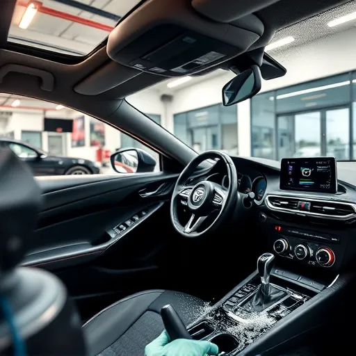A Mazda car interior undergoing professional detailing and deep cleaning, highlighting clean seats, shiny dashboard, and tools used for car maintenance in a Dubai workshop.