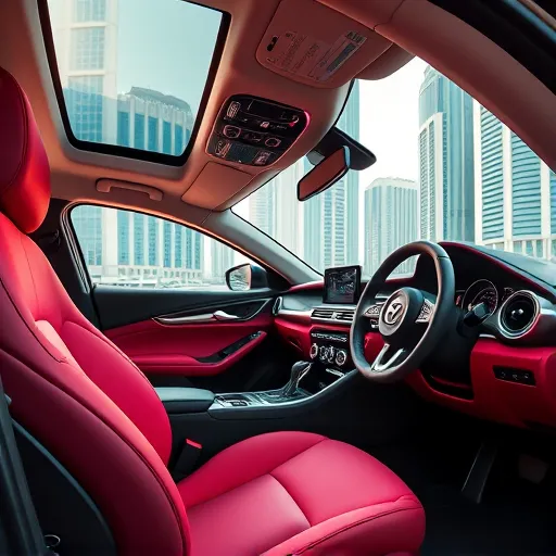 Luxurious Mazda car interior with vibrant custom trim colors and artistic painting, set against a modern Dubai skyline.