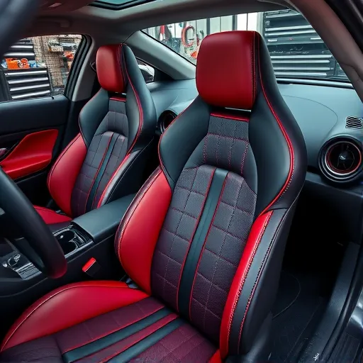 Interior of a Mazda car featuring beautifully repaired and customized upholstery in a Dubai workshop, showcasing vibrant colors and detailed stitching.