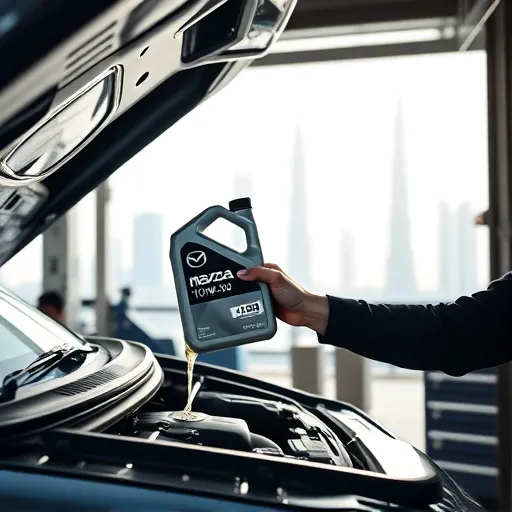 A mechanic in a Dubai service shop pouring Mazda 10W40 engine oil into a car's engine, with the Dubai skyline in the background.