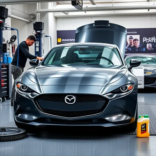 A mechanic changing oil in a Mazda car inside a modern garage in Dubai, surrounded by tools and oil containers, showcasing car maintenance.