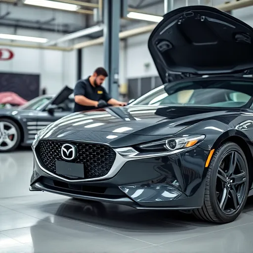 A mechanic performing scheduled maintenance on a Mazda car in a contemporary Dubai workshop, highlighting the attention to detail and modern equipment used for servicing.