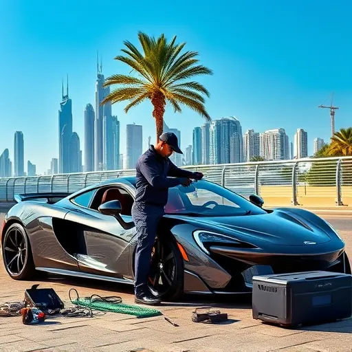 A technician servicing the air conditioning of a McLaren sports car in Dubai, with the city's skyline in the background.