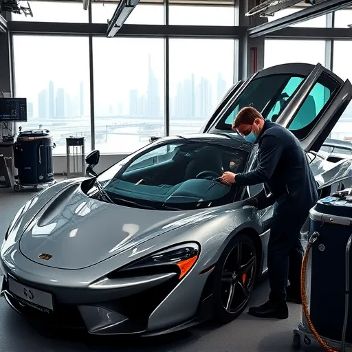 A technician replacing the battery in a McLaren sports car at a service center in Dubai, with the city skyline in the background.