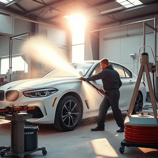 A technician using sandblasting equipment on a car body in a Dubai workshop, highlighting surface preparation services.