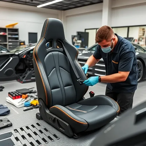 A technician repairing a McLaren car seat with foam fixing in a Dubai workshop, showcasing tools and materials used in the upholstery process.