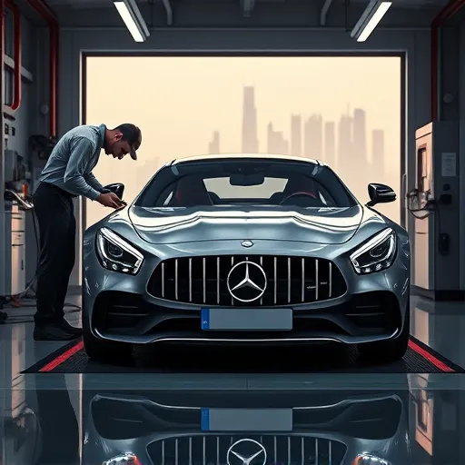 Mercedes Benz receiving fuel pump replacement service in a modern Dubai workshop with the city's skyline in the background