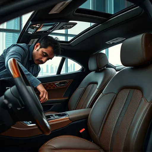 A Mercedes Benz interior being professionally repaired and restored in a state-of-the-art workshop in Dubai, with a view of the iconic Dubai skyline in the background.