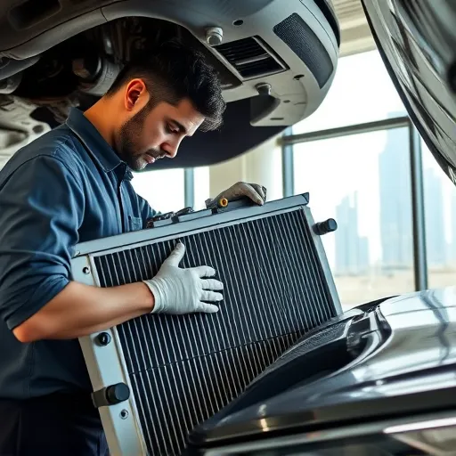 A mechanic performing a radiator replacement and cooling system repair in a garage in Dubai, showcasing tools and the city skyline in the background.