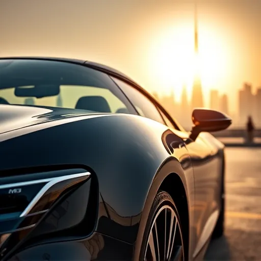 A sleek, glossy car coated with MG Ceramic Coating parked in front of Dubai's skyline, showcasing the shine and protection of the paint.