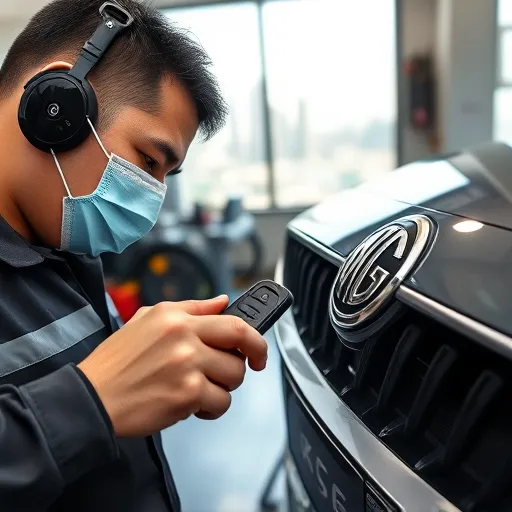 A technician working on MG car key replacement and programming in a Dubai workshop, showcasing high-tech tools and a city view.