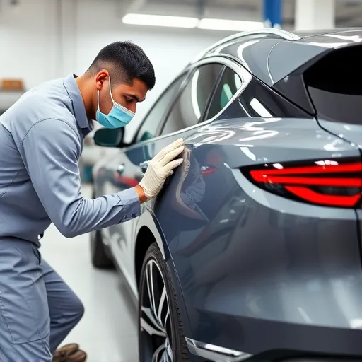 A technician expertly repairing scratches on an MG car's surface with precision tools in a well-equipped workshop in Dubai.