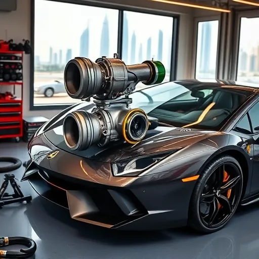 An automotive technician installing a turbocharger on a sports car in a Dubai workshop, featuring tools and a view of the city skyline.