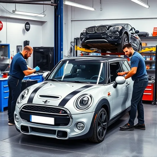 Mini Cooper Bodywork & Collision Services at Auto Expert Workshop Dubai, featuring technicians repairing and customizing vehicles.