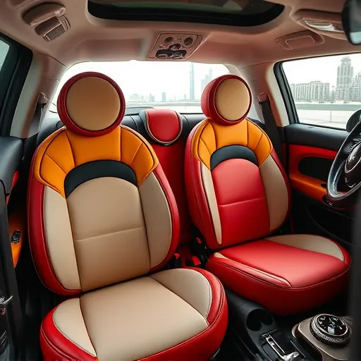 Interior of a Mini Cooper featuring new seat covers and upholstery, set against a backdrop of Dubai's skyline, emphasizing quality and style.