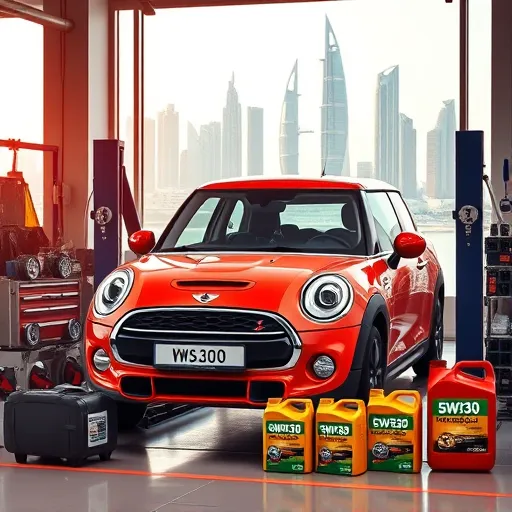 A Mini Cooper in a Dubai garage with a mechanic changing its oil, surrounded by 5W30 engine oil containers and tools, with the Dubai skyline in the background.