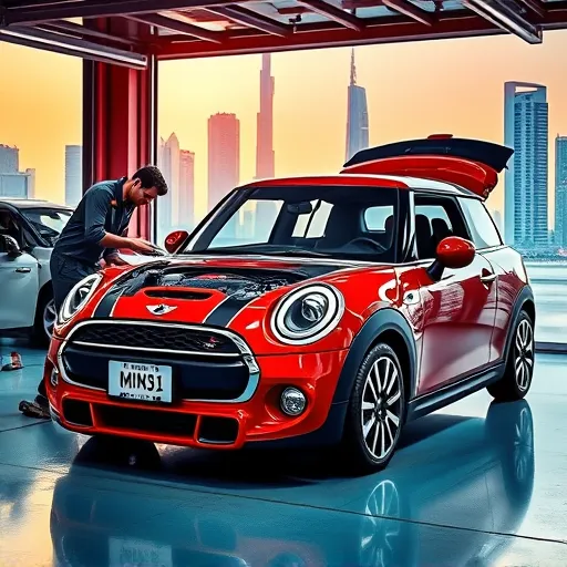 A mechanic performing scheduled maintenance on a Mini Cooper in a modern Dubai garage, with the city's skyline visible in the background.