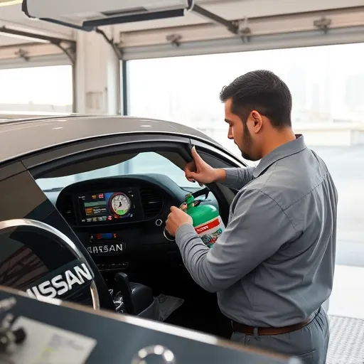 A technician refilling AC gas in a Nissan car, surrounded by tools and gauges, with the Dubai skyline visible in the background.