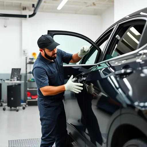 A technician performing door repair and dent fixing on a Nissan car in a Dubai workshop, surrounded by tools and equipment.