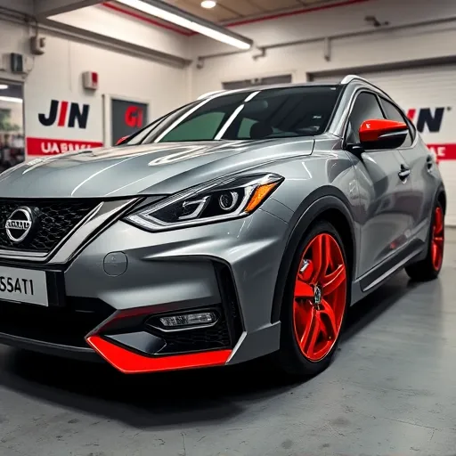 A Nissan car with custom painted brake calipers in a stylish garage in Dubai, emphasizing automotive styling and customization.
