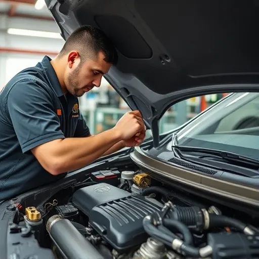 A technician replacing a coolant temperature sensor in a Nissan car in a Dubai garage, showcasing the engine and tools used in the repair process.