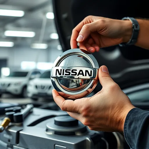 A mechanic replacing a Nissan radiator cap in an automotive workshop in Dubai, surrounded by tools and Nissan cars.