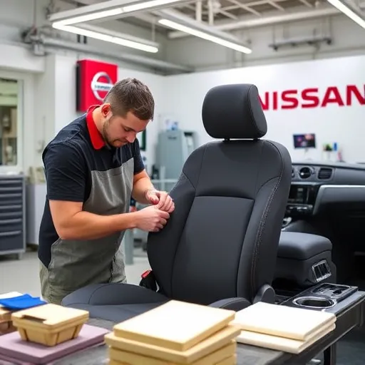 A technician carefully repairing a Nissan car seat, demonstrating foam fixing techniques in a well-equipped workshop.